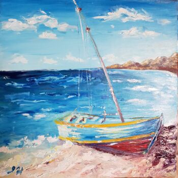Peinture intitulée "boat in the sea" par Ivelina Hrytsylo, Œuvre d'art originale, Huile
