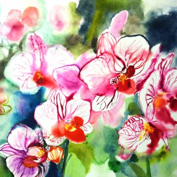 Pittura intitolato "Big Orchids" da Im, Opera d'arte originale, Acquarello
