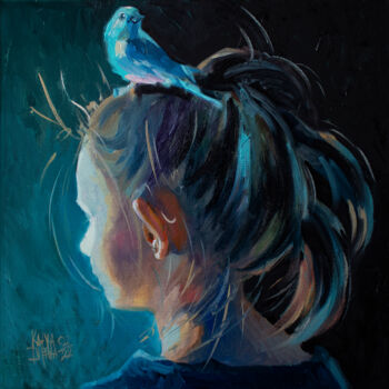 Painting titled "A girl with a bird.…" by Katya Ivleva, Original Artwork, Oil Mounted on Wood Stretcher frame