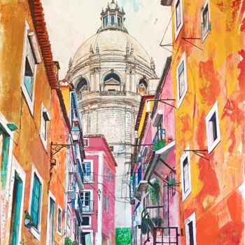 Malarstwo zatytułowany „Lisboa, Travessa do…” autorstwa Ivo Antunes, Oryginalna praca, Akryl Zamontowany na Drewniana rama n…