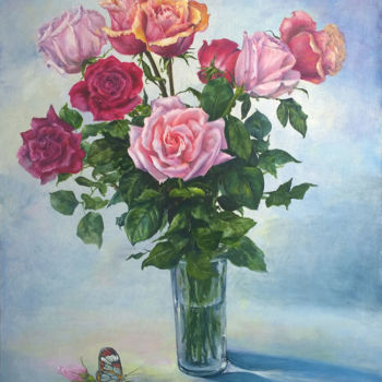 Картина под названием "Розы в стеклянной в…" - Надежда Иванова, Подлинное произведение искусства, Масло