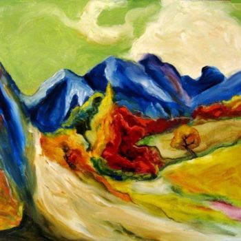 Painting titled "Mountain View" by Ixygon, Original Artwork, Oil