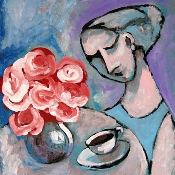 Painting titled "Roses@coffee" by Ixygon, Original Artwork
