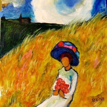 Painting titled "Woman with Flowers" by Ixygon, Original Artwork, Oil