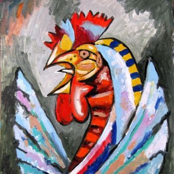 Painting titled "Rooster" by Ixygon, Original Artwork, Oil