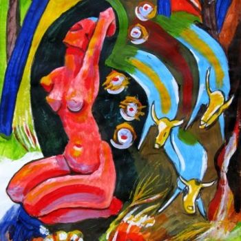 Pintura intitulada "Woman and Cow" por Ixygon, Obras de arte originais, Óleo