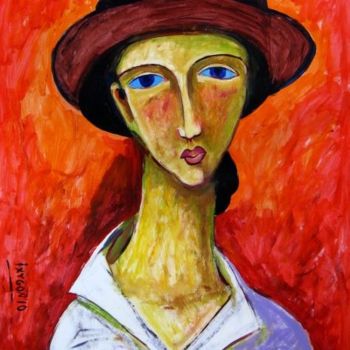 Painting titled "Girl in hat" by Ixygon, Original Artwork, Oil