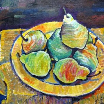 Painting titled "Pears on Yellow Pla…" by Ixygon, Original Artwork, Oil