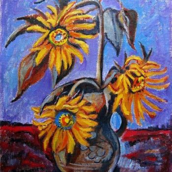 Painting titled "Three sunflowers in…" by Ixygon, Original Artwork, Oil