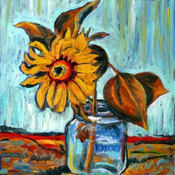 Painting titled "Sunflower in a Glass" by Ixygon, Original Artwork, Oil