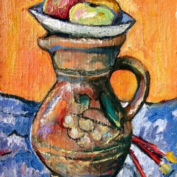 Painting titled "Jug and brush" by Ixygon, Original Artwork, Oil