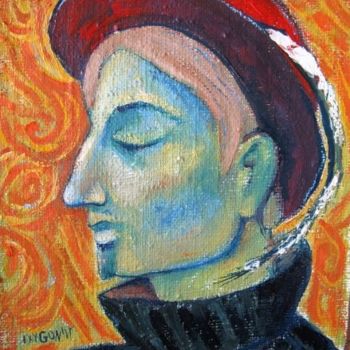 Painting titled "Man in hat with fea…" by Ixygon, Original Artwork, Oil