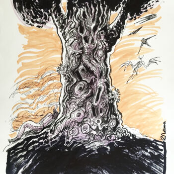 Drawing titled "Ginkgo, rêve noir" by Iza, Original Artwork, Ink