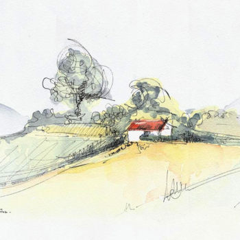 Malerei mit dem Titel "le-cabanon-des-lant…" von Jean-François Bertrand, Original-Kunstwerk, Aquarell