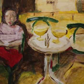 Painting titled "vrouw in café" by J.M. Mondria, Original Artwork, Acrylic