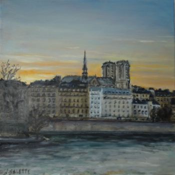 Painting titled "L’île de la cité à…" by Julien Salette, Original Artwork, Oil Mounted on Wood Stretcher frame