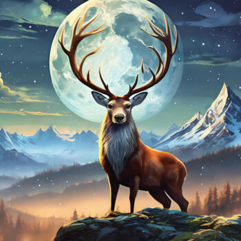 Digitale Kunst mit dem Titel "Foggy Deer Moon" von Jacek Dudziński, Original-Kunstwerk, Digitale Malerei