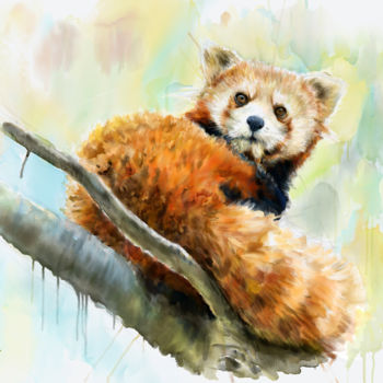 Peinture intitulée "A Chinese red panda…" par Jack Luo, Œuvre d'art originale, Aquarelle