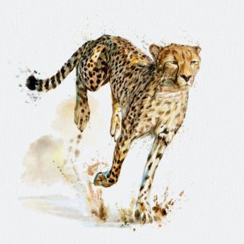 Painting titled "The running cheetah" by Jack Luo, Original Artwork, Watercolor Mounted on Wood Stretcher frame