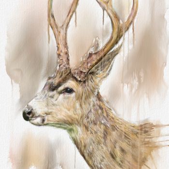 Painting titled "Swamp deer" by Jack Luo, Original Artwork, Watercolor