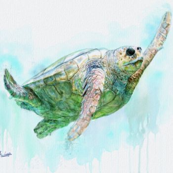 Pittura intitolato "Sea turtles at the…" da Jack Luo, Opera d'arte originale, Acquarello Montato su Cartone