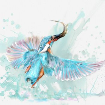 Malerei mit dem Titel "Blue kingfisher" von Jack Luo, Original-Kunstwerk, Aquarell