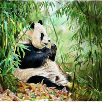 Painting titled "Pandas in the bambo…" by Jack Luo, Original Artwork, Watercolor Mounted on Cardboard
