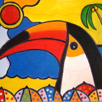 Pintura intitulada "tucano na praia" por Jack Mast, Obras de arte originais, Óleo