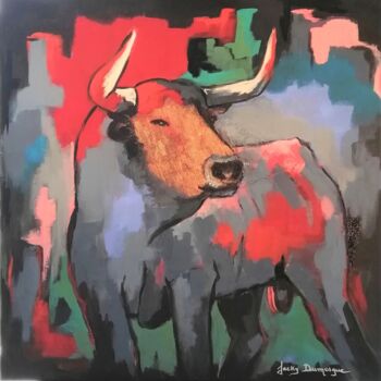 Painting titled "Taureau au masque d…" by Jacky Dumergue, Original Artwork, Oil