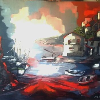Painting titled "Petit port en Corse…" by Jacky Dumergue, Original Artwork, Oil