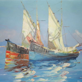 Ζωγραφική με τίτλο "Retour de pêche" από Jacky Monka, Αυθεντικά έργα τέχνης, Λάδι Τοποθετήθηκε στο Ξύλινο φορείο σκελετό