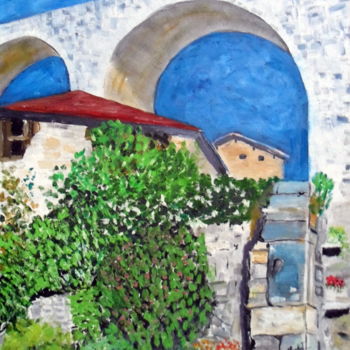 Pittura intitolato "pont-et-ciel-bleu" da Jacky Monka, Opera d'arte originale, Olio