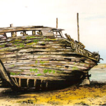 Painting titled "bateau echoue" by Jacky Guilvout, Original Artwork