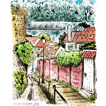 Pintura intitulada "Escaliers -Conflans…" por Jacques Lelievre, Obras de arte originais, Aquarela