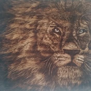 Gravures & estampes intitulée "Lion// pyrographe" par Jacopo Bove, Œuvre d'art originale, Gravure