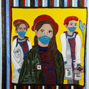 Schilderij getiteld "Cuban Nurses" door Jose Acosta, Origineel Kunstwerk, Acryl Gemonteerd op Frame voor houten brancard