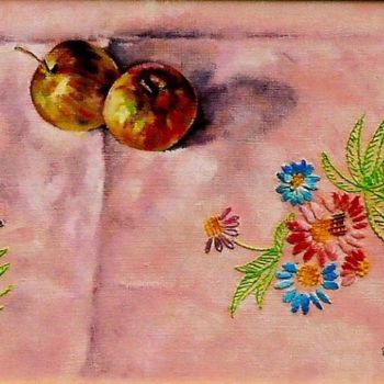 Malerei mit dem Titel "Pommes et napperon." von Jacques Copau, Original-Kunstwerk, Öl