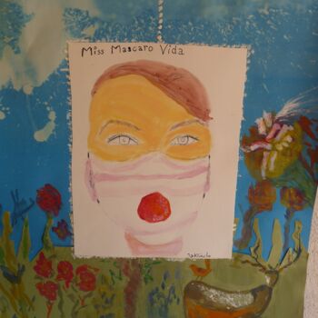 Painting titled "Miss Mascaro Vida" by Jacqueline Claux (Jaklinclo), Original Artwork, Watercolor Mounted on Cardboard
