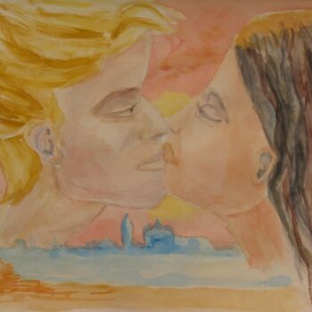 Pittura intitolato "Le baiser blond" da Jacqueline Claux (Jaklinclo), Opera d'arte originale, Acquarello