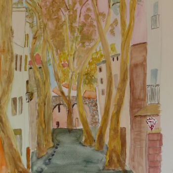 Painting titled "Céret" by Jacqueline Claux (Jaklinclo), Original Artwork, Watercolor Mounted on Cardboard