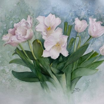 Картина под названием "Les tulipes de Sylv…" - Jacqueline De Ro, Подлинное произведение искусства, Акварель