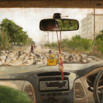 Painting titled "Behind the Wheel" by Jacqueline Gomez, Original Artwork, Oil Mounted on Other rigid panel