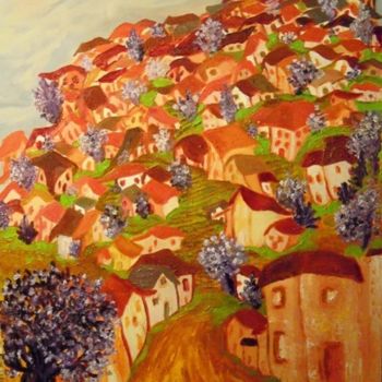 Painting titled "le village en fleurs" by Jacqueline Sarah Uzan, Original Artwork, Oil