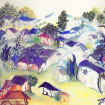 Malarstwo zatytułowany „le village bleu” autorstwa Jacqueline Sarah Uzan, Oryginalna praca, Olej