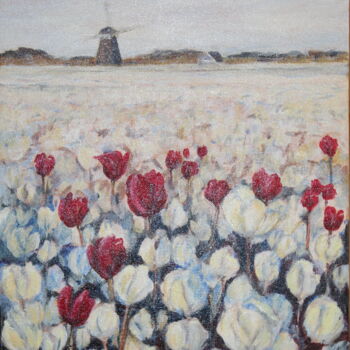 Painting titled "Champ de tulipes" by Jacqueline Vandrebeck, Original Artwork, Acrylic Mounted on Wood Stretcher frame