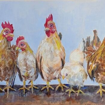 Schilderij getiteld "Coqs et poule" door Jacqueline Vandrebeck, Origineel Kunstwerk, Acryl Gemonteerd op Frame voor houten b…