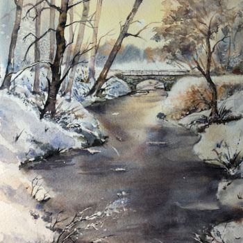 Painting titled "Matin d'hiver" by Jacqueline Baby, Original Artwork, Watercolor Mounted on Cardboard