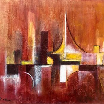 Painting titled "City" by Jacqueline Baby, Original Artwork, Acrylic Mounted on Wood Stretcher frame