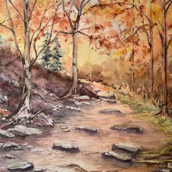 Painting titled "Le chemin" by Jacqueline Baby, Original Artwork, Watercolor Mounted on Cardboard