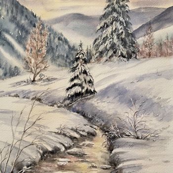 Painting titled "Au fond du vallon" by Jacqueline Baby, Original Artwork, Watercolor Mounted on Cardboard